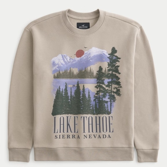 Hollister Tan Relaxed Fit Lake Tahoe Crewneck Sweater Mens Size Large Cabincore - Picture 1 of 8